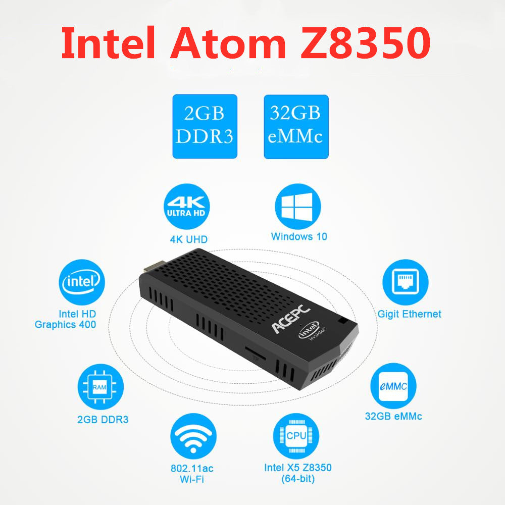 T6 Pro Mini PC Intel Atom Z8350 Quad Core 1.44GHz Windows10 licenced 4GB RAM 64GB ROM 2.4G/5G WiFi BT 4.0 USB 3.0 Compute Stick
